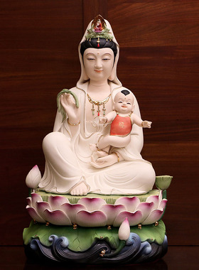 送子观音佛像陶瓷菩萨供奉求子抱童子观音 金童玉女家用吉祥摆件