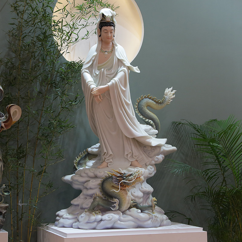 汉白玉骑龙观音佛像乘龙观音室内大厅供奉禅意观音菩萨工艺品