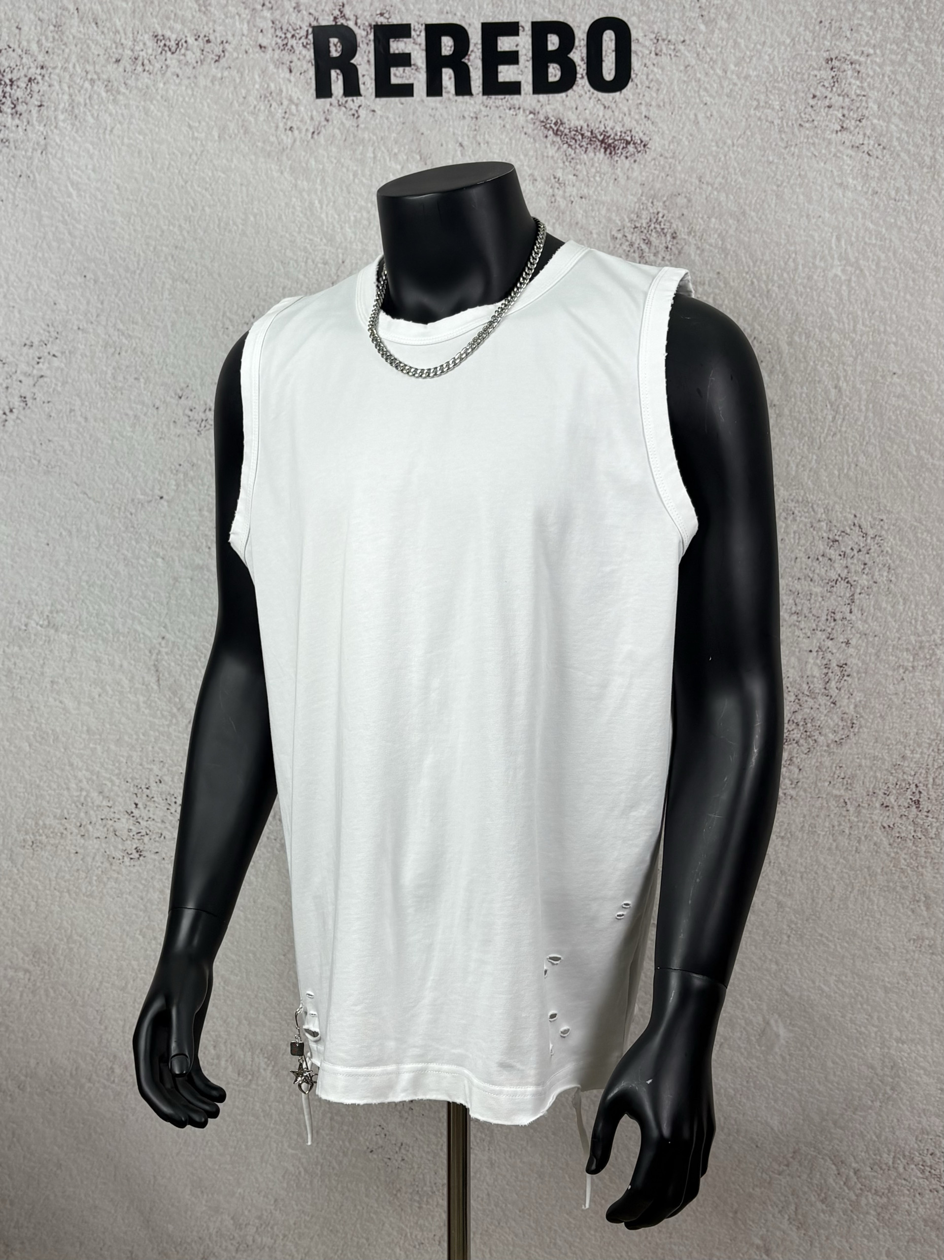 REREBO美式潮牌纯色磨边重磅280G背心男下摆星星别针破洞无袖上衣