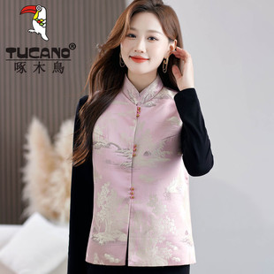 春秋洋气新中式 国风马甲女士2026新款 背心 中年妈妈薄款 啄木鸟正品
