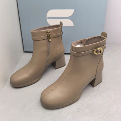 Comely康莉撤柜断码秋季羊皮时装靴圆头粗高跟侧拉链短靴女瘦瘦靴