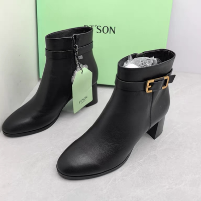 百田森撤柜断码秋冬季真皮休闲拉链皮带扣粗跟马丁靴圆头女短靴潮