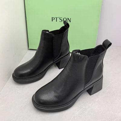 百田森撤柜断码秋冬季真皮圆头粗跟切尔西靴侧拉链通勤舒适女短靴