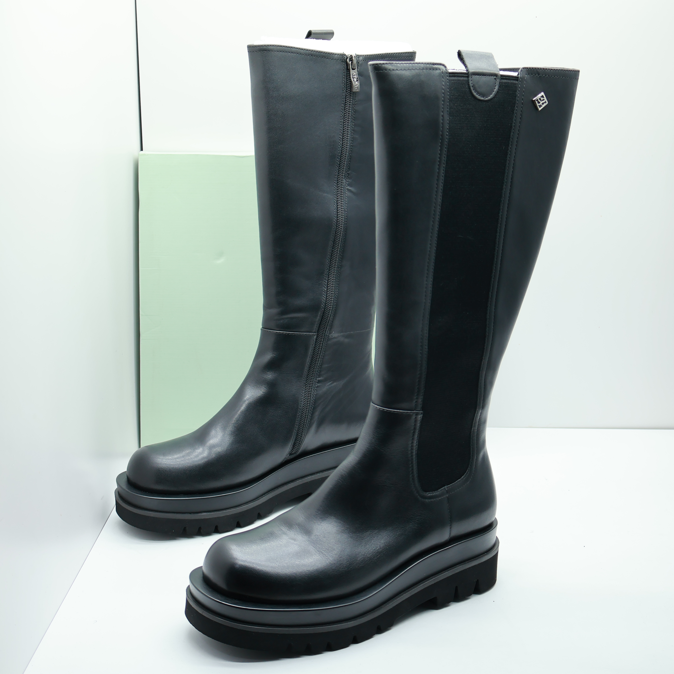 星期六撤柜断码秋季真皮松紧厚底圆头长筒过膝靴女弹力拉链骑士靴