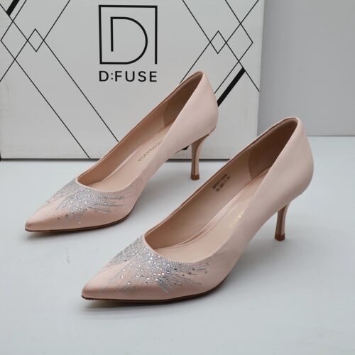 D:FUSE/迪芙斯撤柜秋季丝绸浅口绣花高跟婚鞋一脚蹬尖头女单鞋潮