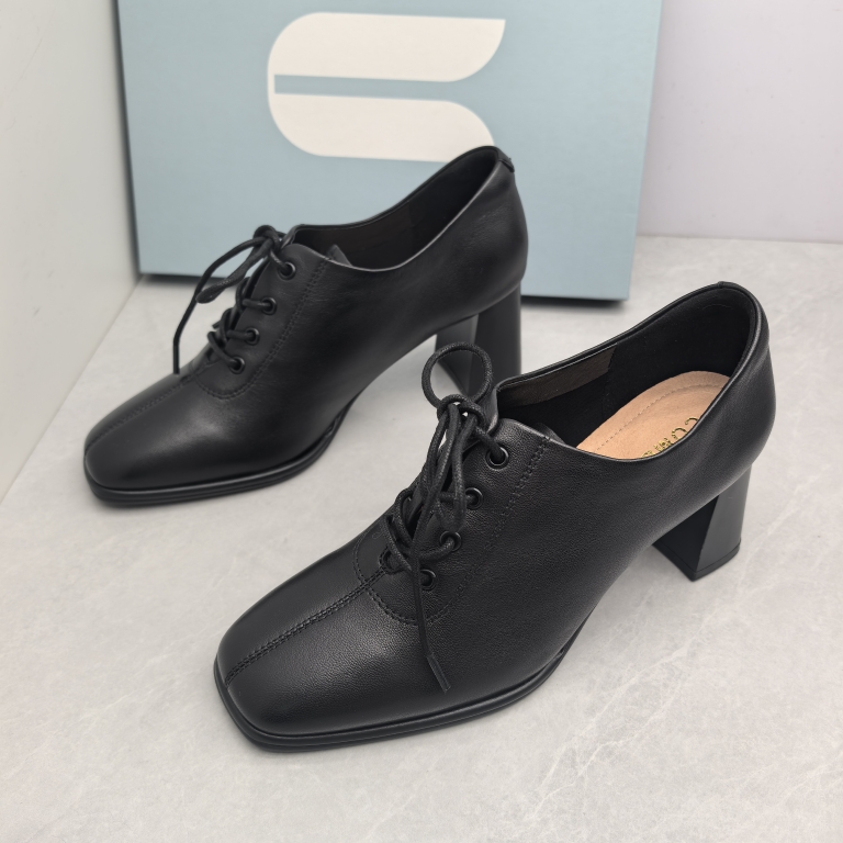 Comely/康莉撤柜断码春秋季真皮高跟方头系带时尚深口粗跟女单鞋