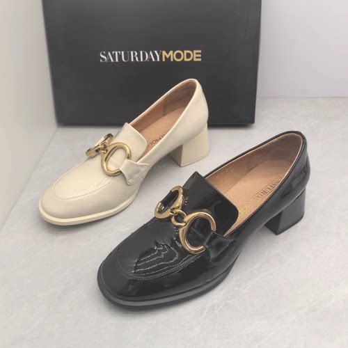 SATURDAYMODE撤柜断码春秋季真皮高跟懒人鞋休闲搭扣百搭乐福鞋女