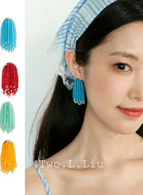 Two.L.Liu原创设计流苏耳环女夏日多巴胺度假风蓝色水晶耳夹耳饰