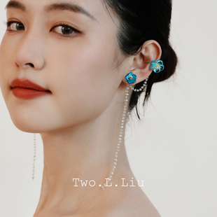 Two.L.Liu汀兰系列原创蓝色花朵耳环女流苏S925银针个性 气质耳饰