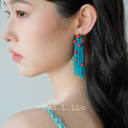 小碎花蓝流苏小众耳环耳饰