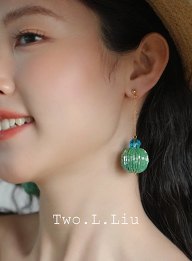 Two.L.Liu绿色圆球耳环女原创气质度假风高级感手工串珠耳饰耳夹