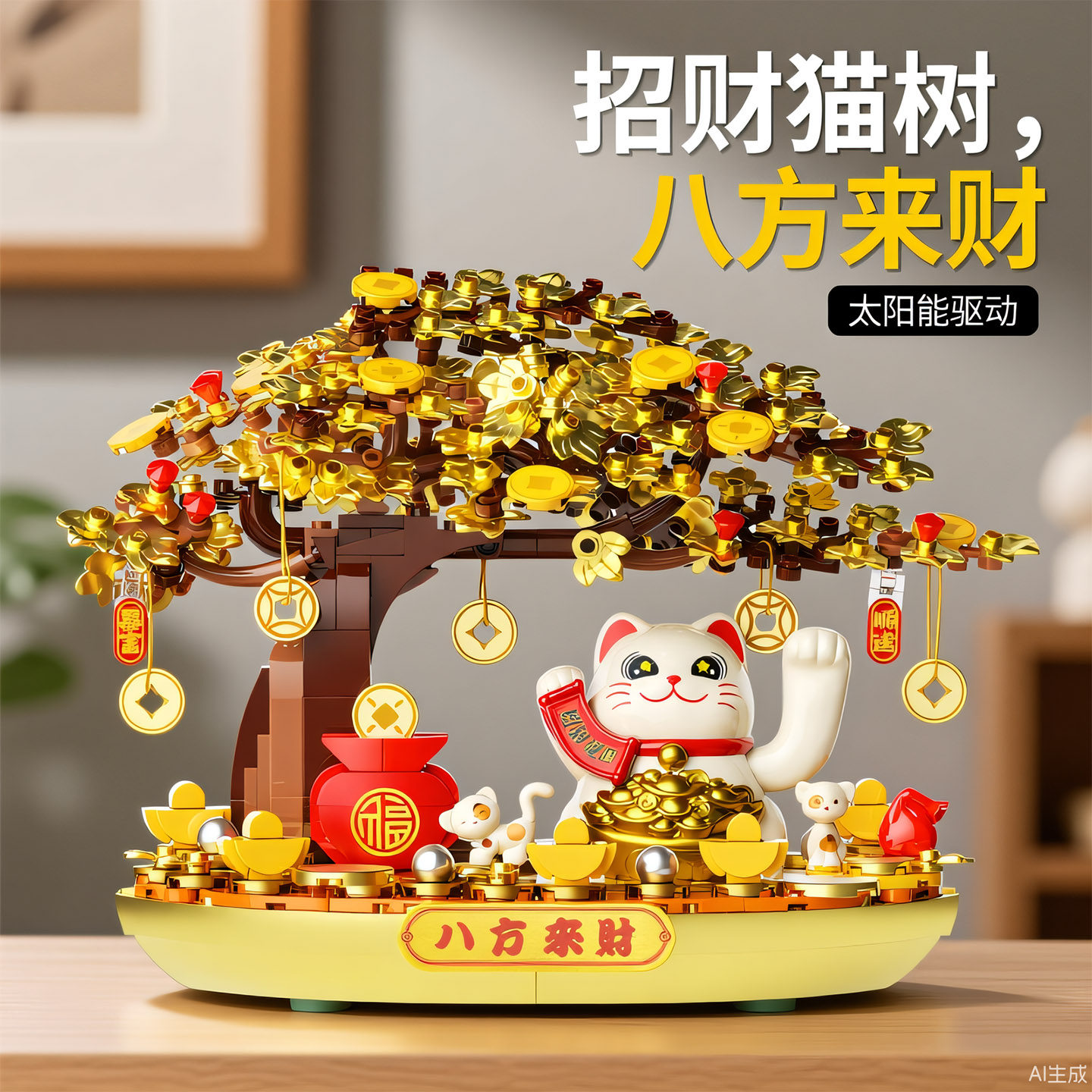 佳奇积木太阳能招财猫金钱树