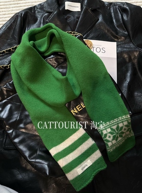 CAT TOURIST 100%羊毛细围巾男女2025新款学院风针织毛线围脖韩版