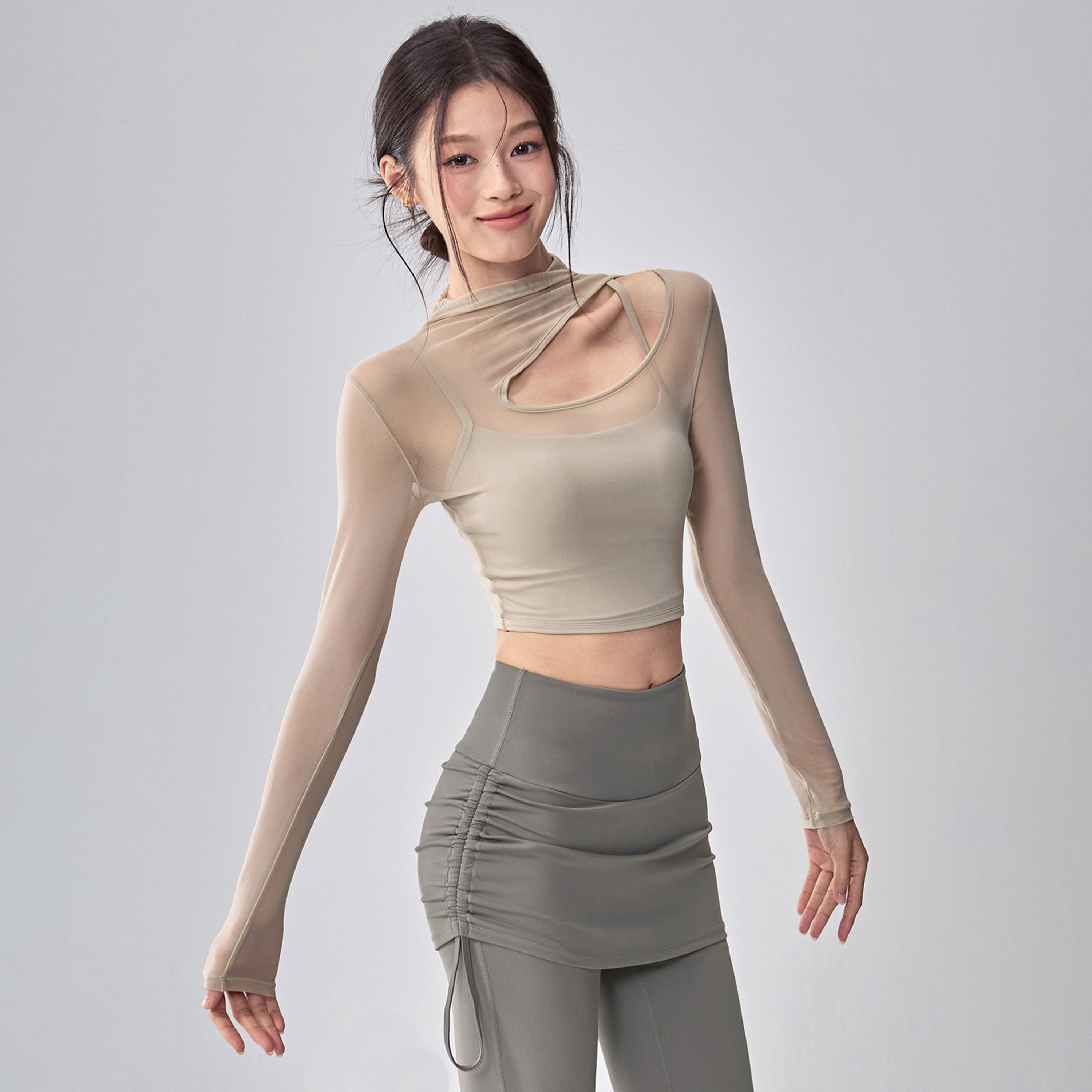 镂空网纱瑜伽服长袖女带胸垫健身长袖秋冬新款普拉提训练运动套装