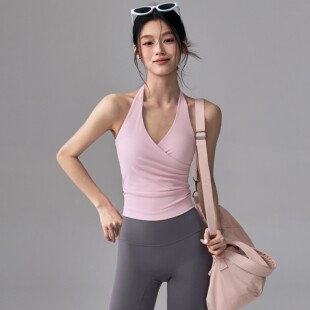 挂脖瑜伽服背心带胸垫普拉提训练T恤跑步运动上衣美背健身吊带夏