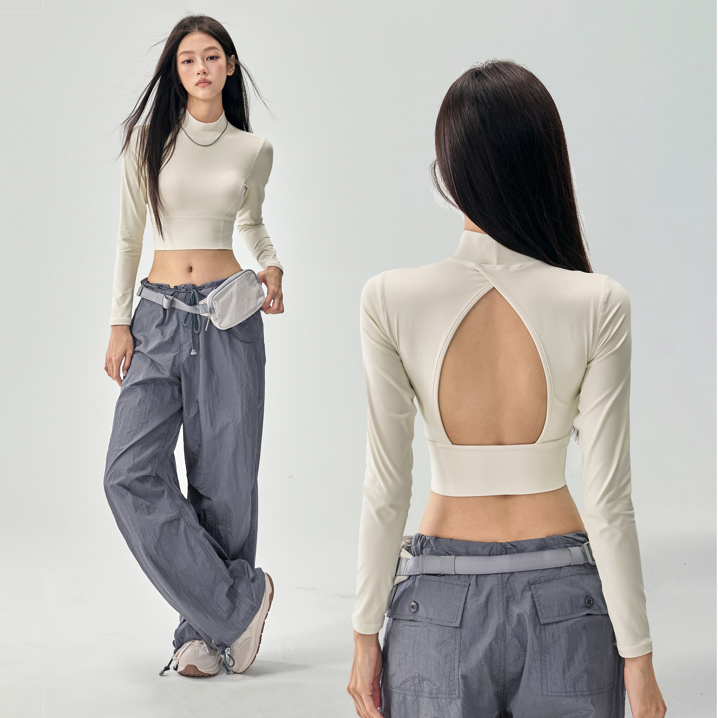 美背瑜伽服长袖女带胸垫紧身显瘦运动上衣半高领外穿普拉提训练秋