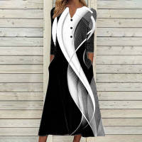 2023 Autumn new Loose long dress for women, printed open-top long-sleeved dress thumbnail 2