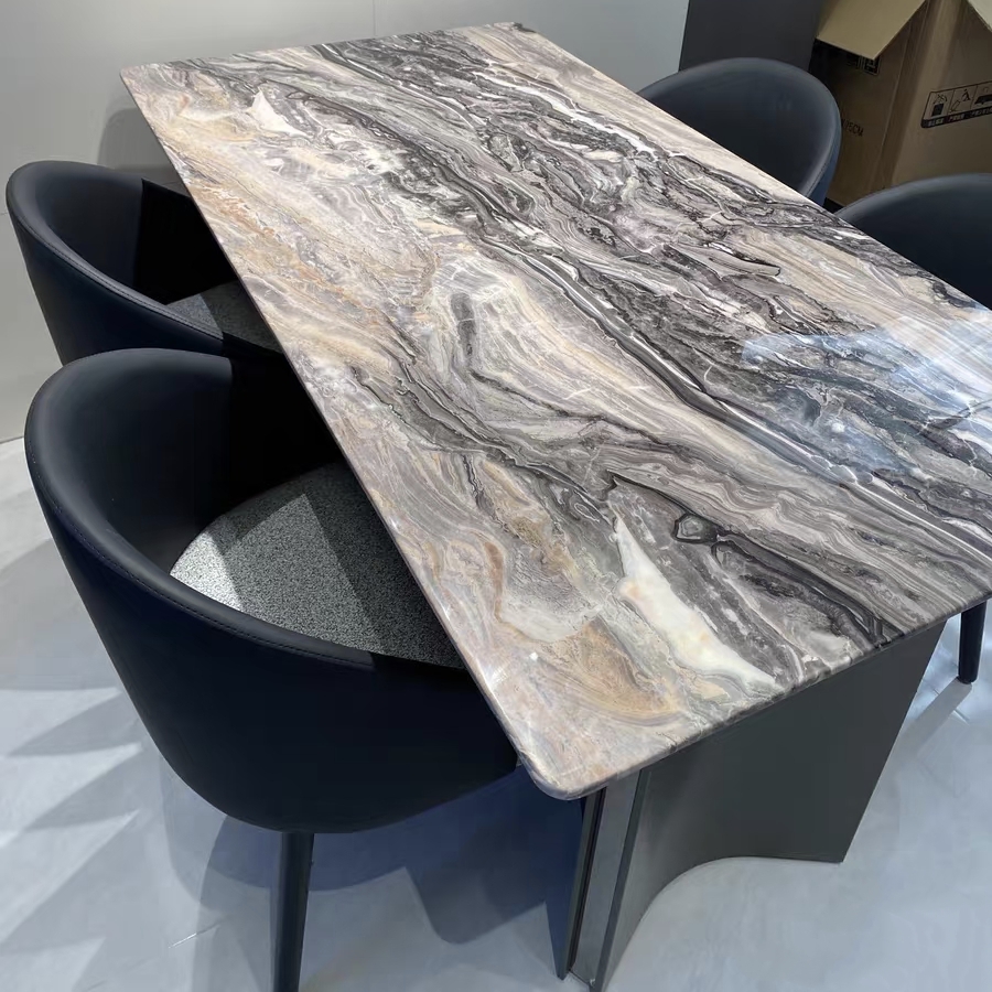 高级感威尼斯棕全托大理石餐桌椅