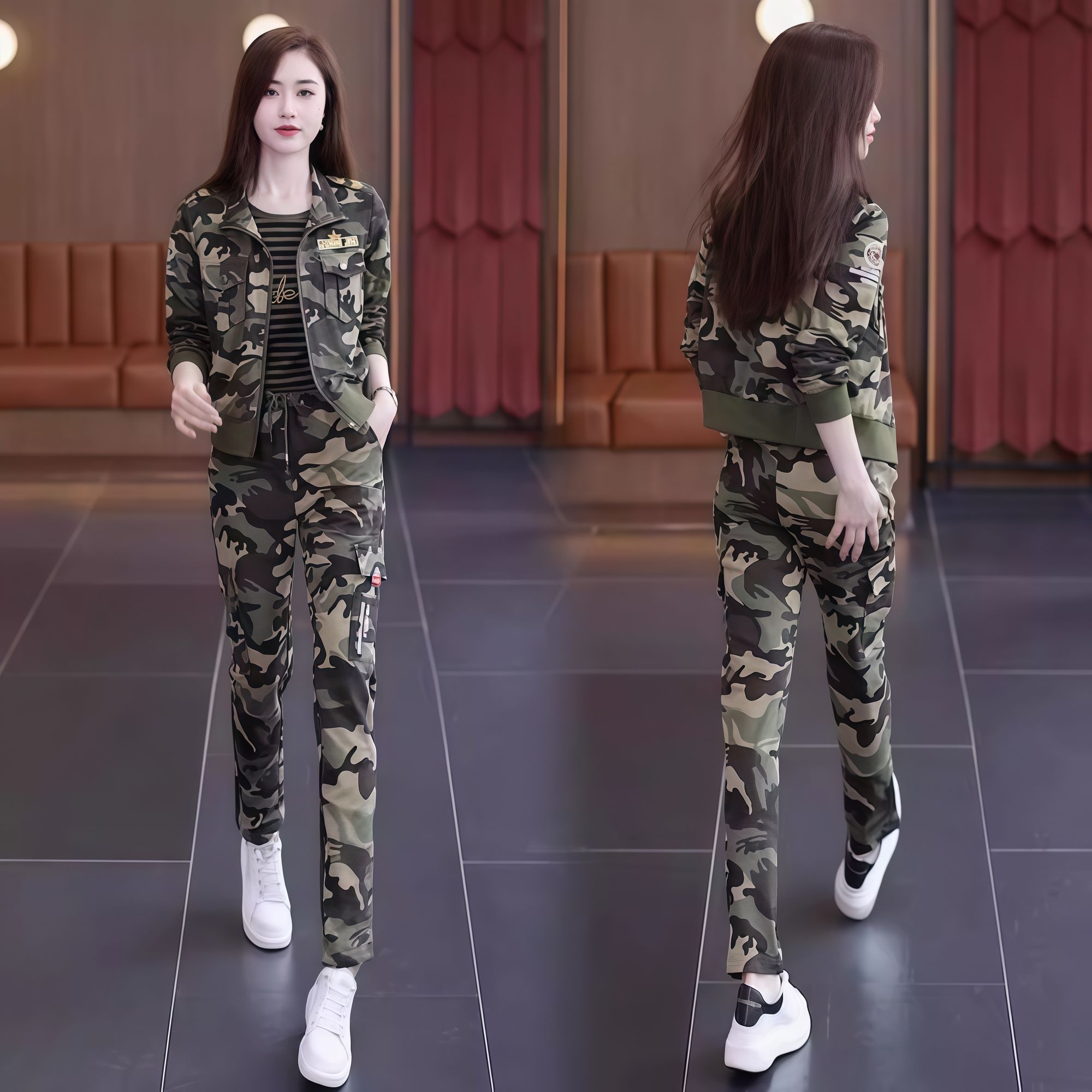 弹力迷彩服套装女士水兵舞短袖T恤夏季休闲服三件套显瘦新款整套