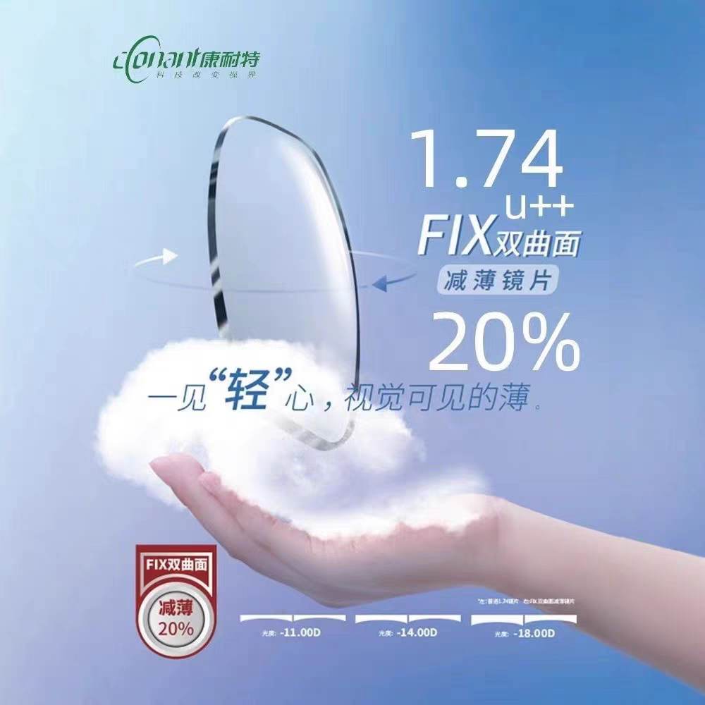 康耐特超薄镜片2片价FIX双曲面减薄1.74高度数配眼镜防蓝光紫外线