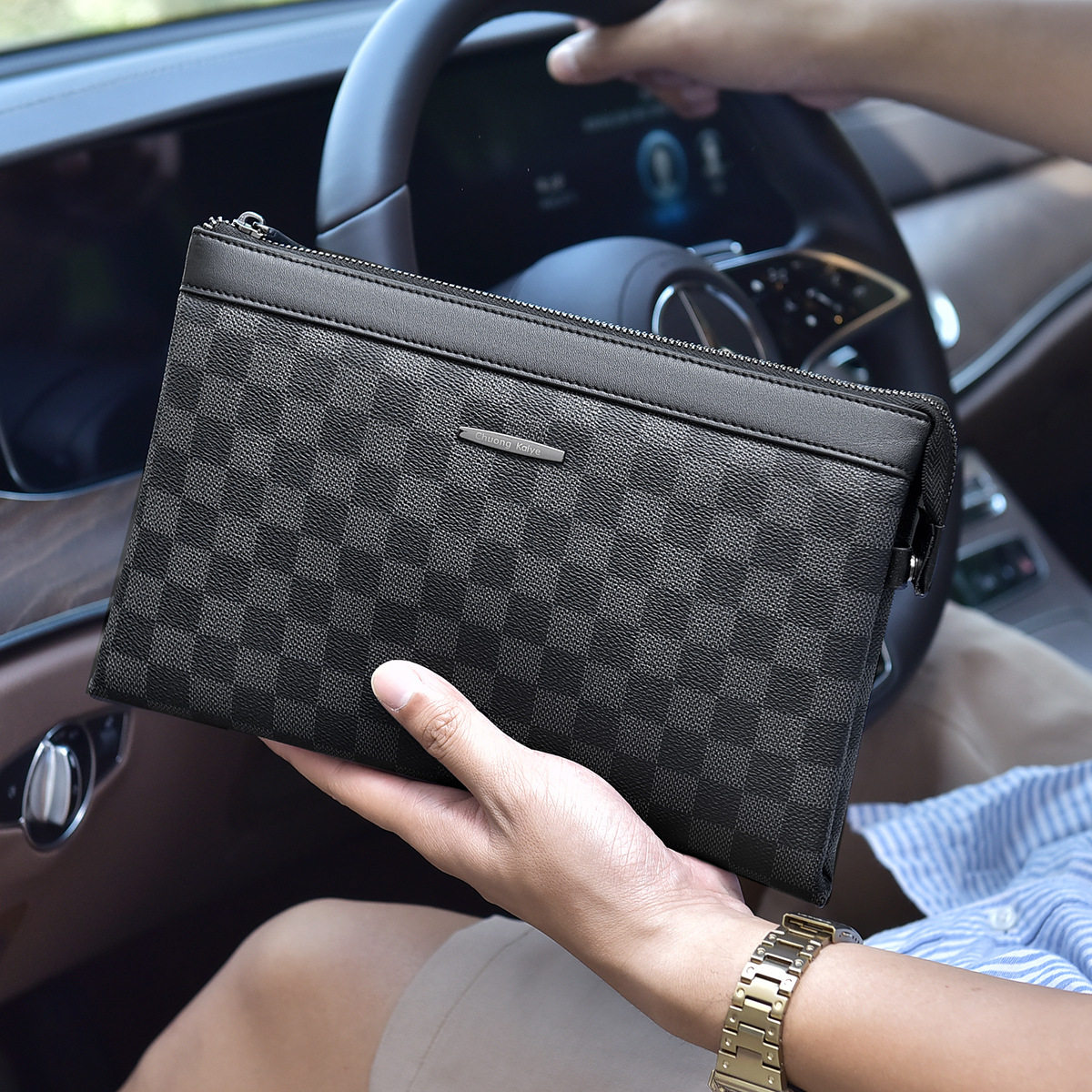 新款男士手拿包真皮休闲时尚手包钱包格纹商务大容量手抓包信封包