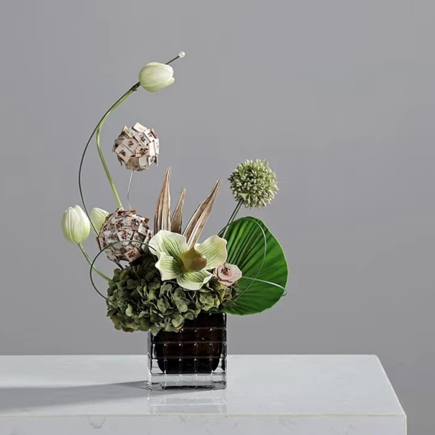 现代简约方形格子玻璃花瓶办公室洽谈桌茶几客餐厅软装饰品花摆件