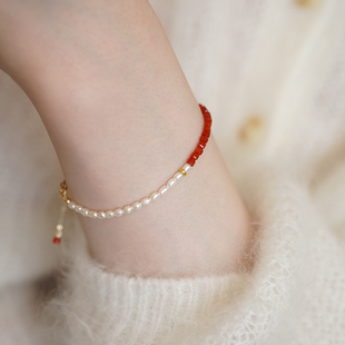 「小满」天然红玛瑙淡水珍珠14k包金手链女小众设计感显白手饰新