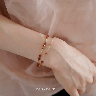 「玫瑰雾」原创天然石榴石14k包金手链女小众叠搭精致手串冬礼物