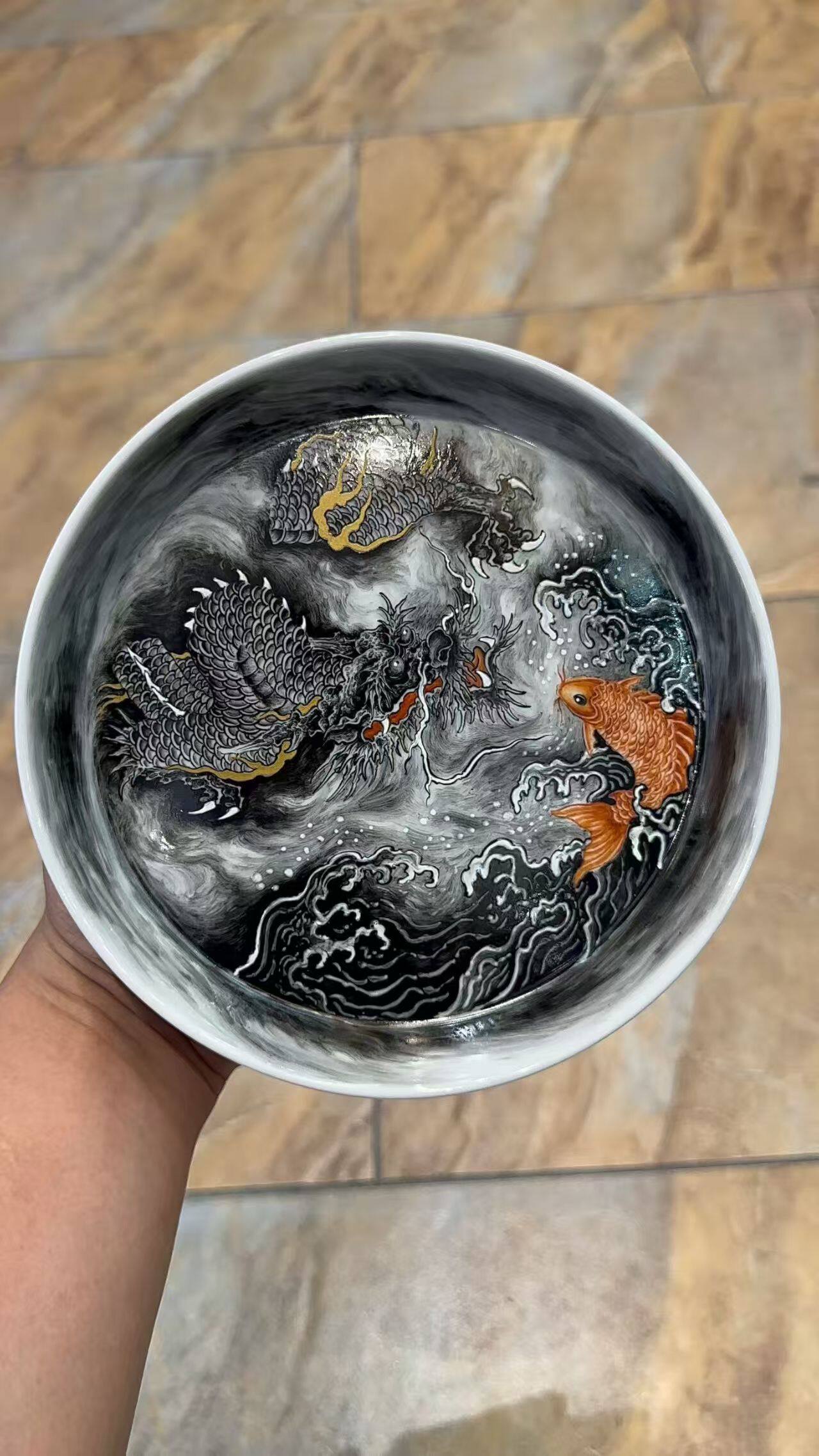 庆茗堂景德镇茶器手工手绘墨龙矾红鱼龙纹直筒杯盖碗壶承三件套