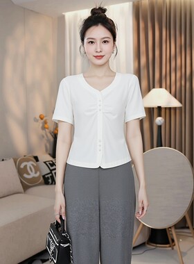 纯棉短款高品质上衣品牌大码胖mm高级感v领短袖t恤女棉质夏天薄款