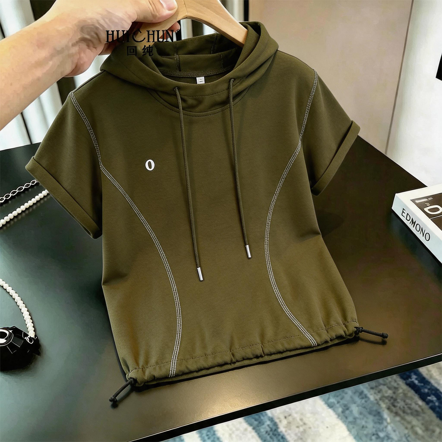高端品牌设计感连帽速干短袖上衣大码胖mm女纯棉显瘦宽松小衫夏季