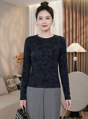 高级感水墨画t恤国风上衣大码胖mm品牌高端醋酸长袖打底衫女早春