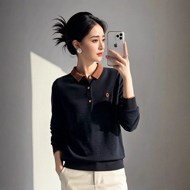 品牌春秋翻领针织衫女长袖气质毛衣打底衫羊毛POLO领拼色上衣,女装/女士精品,大码内搭,淘宝优惠券,粉丝福利购,淘宝优惠卷