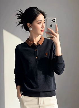 品牌春秋翻领针织衫女长袖气质毛衣打底衫羊毛POLO领拼色上衣