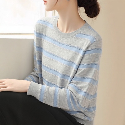 高级感冰丝条纹短袖t恤小衫女薄款大码胖mm品牌新款透气针织上衣
