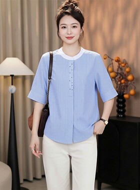 高级感宽松五分袖圆领衬衫大码胖mm品牌POLO衫蓝色条纹衬衫春夏款