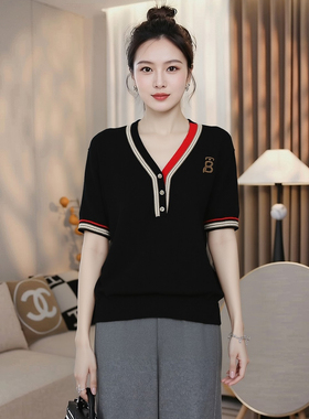 200斤显瘦高品质t恤上衣品牌大码胖mm撞色V领冰丝短袖针织衫女夏