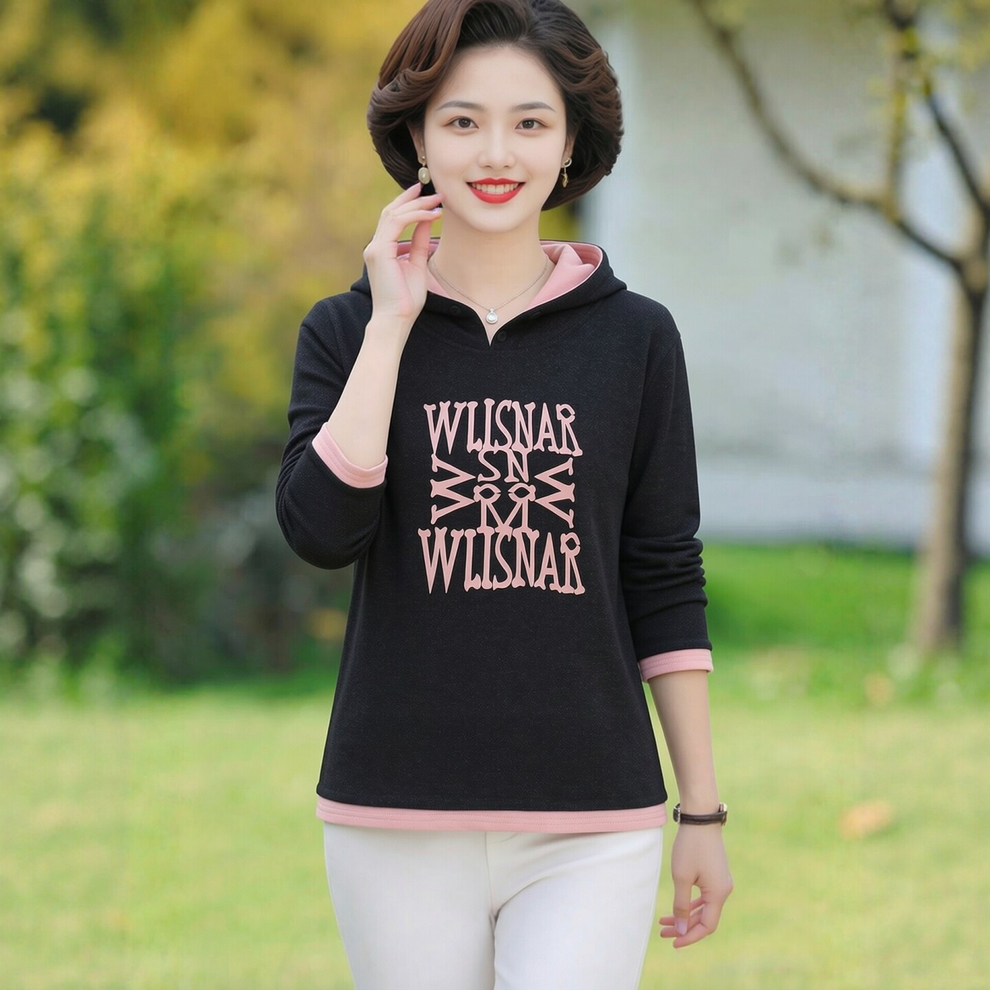 品牌德绒双面卫衣女连帽妈妈宽松大码中老年秋冬加绒薄绒上衣外穿