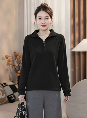 高端德绒立领半拉链卫衣女大码胖mm秋冬妈妈高级感加绒加厚打底衫