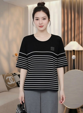 200斤宽松休闲显瘦薄款针织衫上衣大码胖mm天丝条纹短袖t恤女夏季
