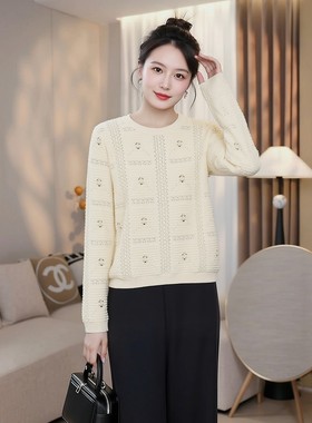 宽松薄款镂空高品质上衣大码胖mm品牌羊毛针织衫女早秋设计感长袖