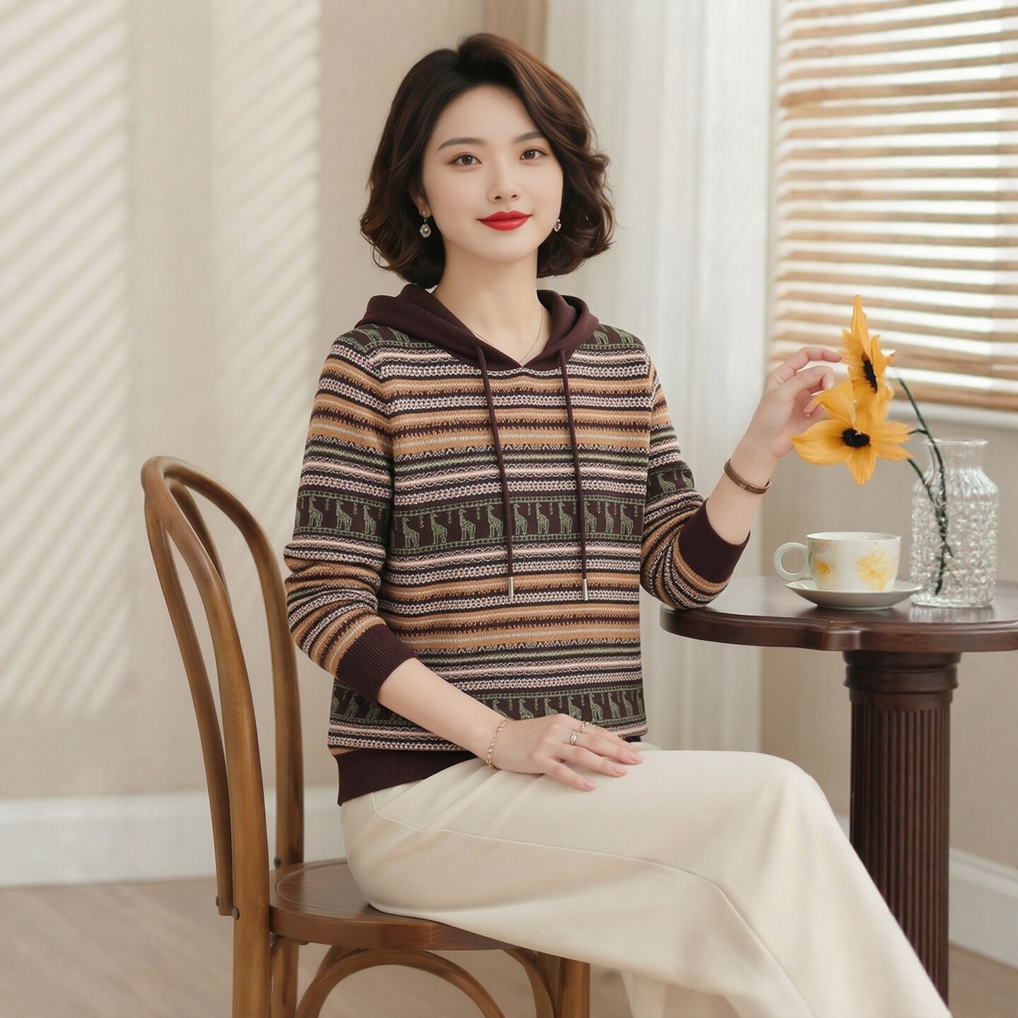 品牌羊毛针织连帽卫衣女秋冬大码中老年妈妈宽松上衣洋气条纹毛衣