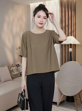 中年妈妈显瘦气质休闲上衣大码胖mm品牌圆领天丝亚麻短袖女夏麻料