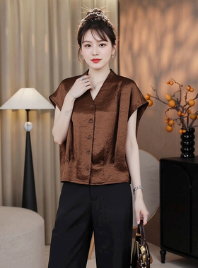 小衫气质减龄衬衫上衣大码胖mm妈妈醋酸缎面品牌v领短袖上衣女夏