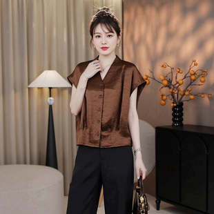 小衫气质减龄衬衫上衣大码胖mm妈妈醋酸缎面品牌v领短袖上衣女夏