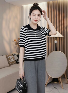 高级感条纹小领子短袖t恤上衣大码胖mm天丝莱赛尔高档女士POLO领