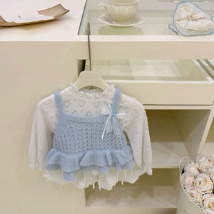 【小張童學】女童套装2026春季新款三件套baby蓝芭蕾风甜美马甲潮