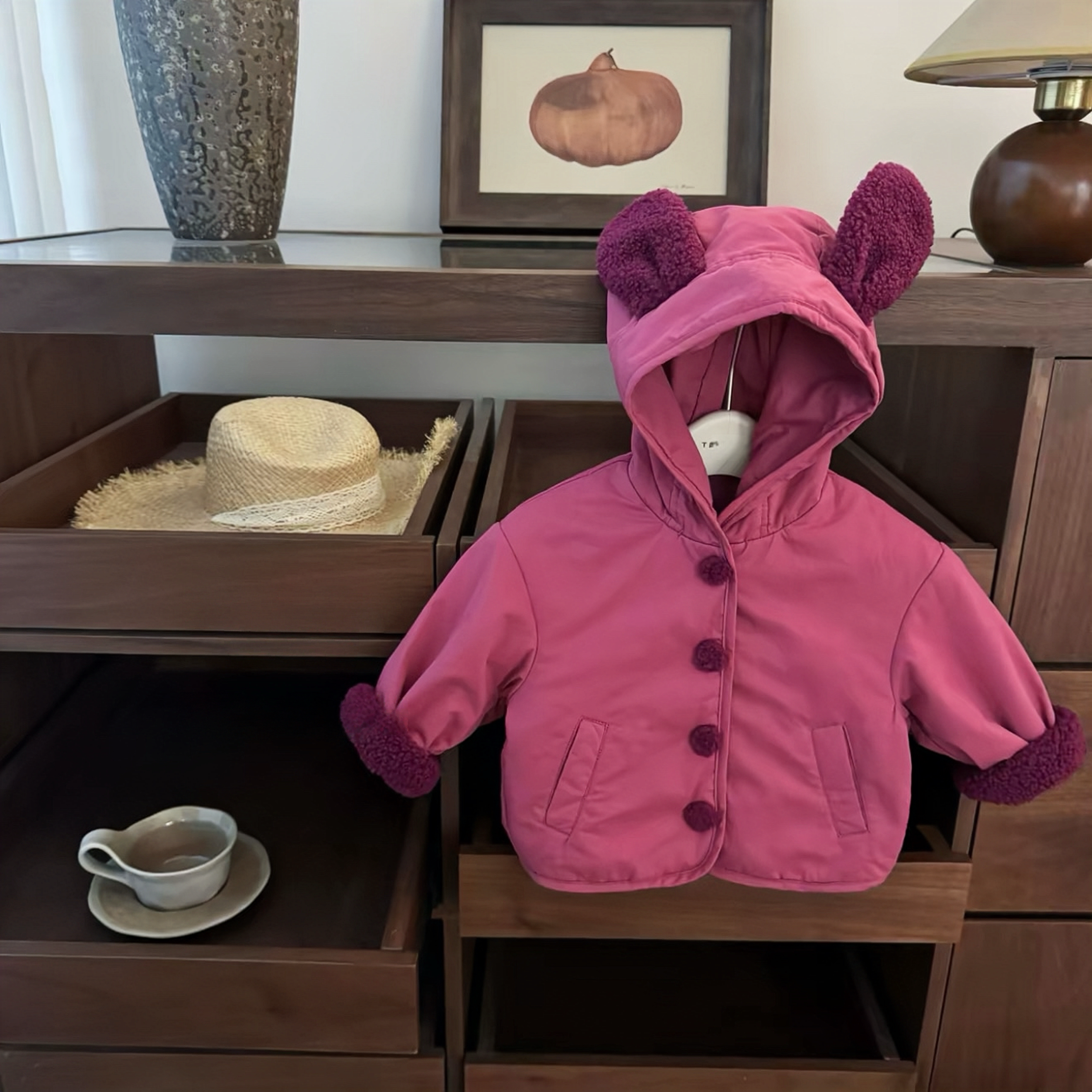 【现货】两面穿！2025显白火龙果韩系女宝宝可爱小熊耳朵棉服外套