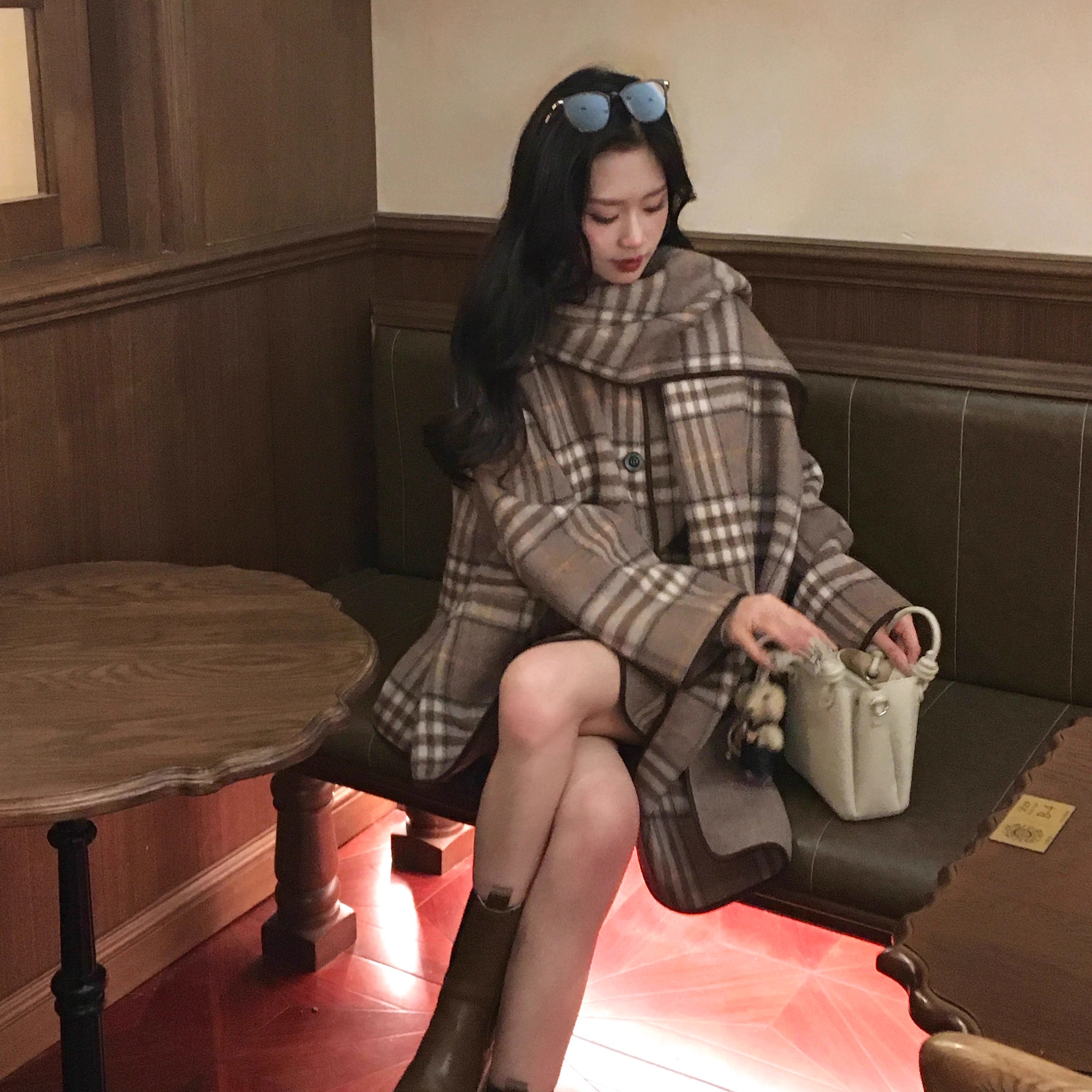 双面呢两面可穿格纹短款毛呢外套