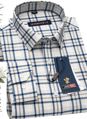 老人头衬衫男士长袖商务休闲全棉春款蓝色格子中青年男士纯棉衬衣